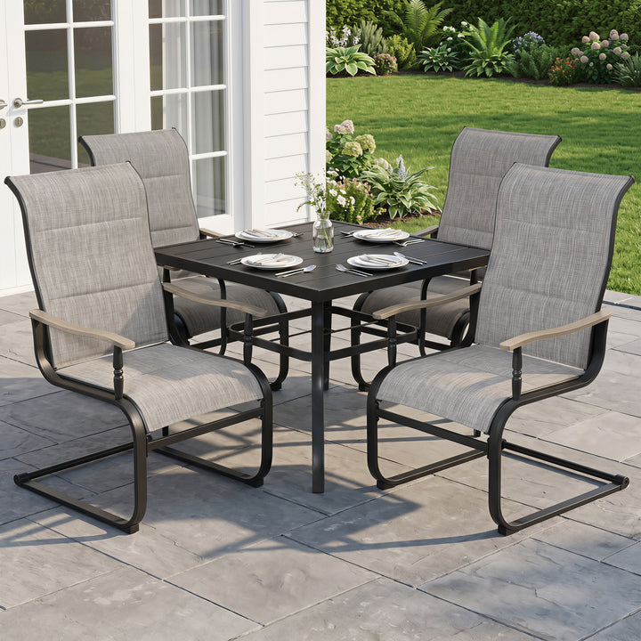 5-Piece Patio Dining Set, C-Spring Motion, Wood-Grain Armrests