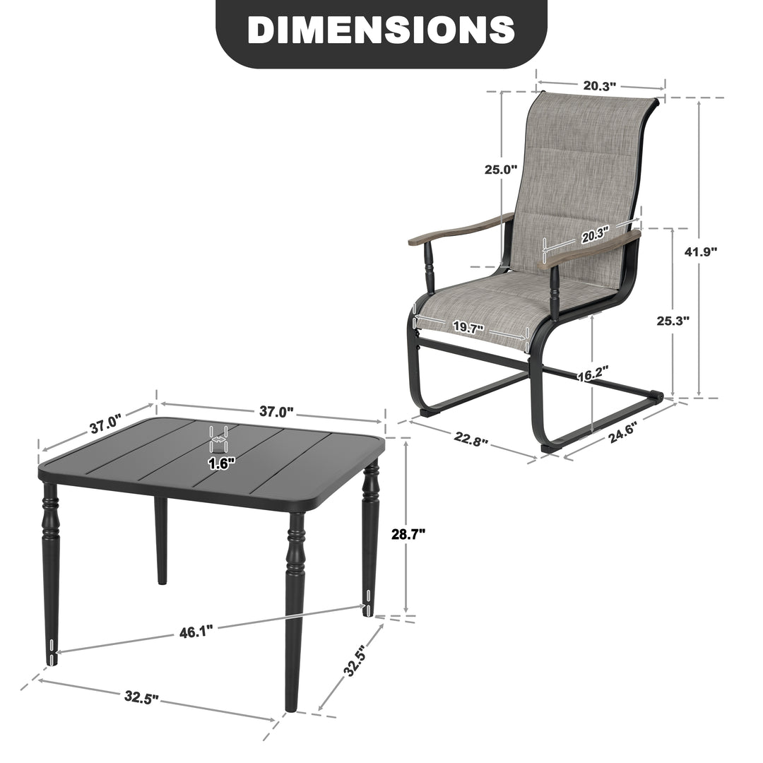 5-Piece Outdoor Dining Set with Padded Textilene C-Spring Motion Chairs