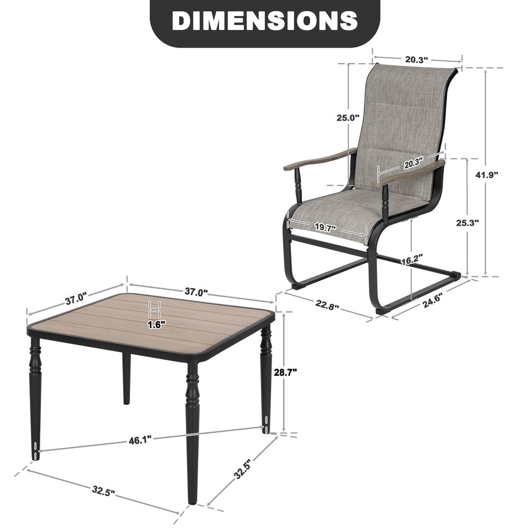 5-Piece Outdoor Dining Set with Padded Textilene C-Spring Motion Chairs