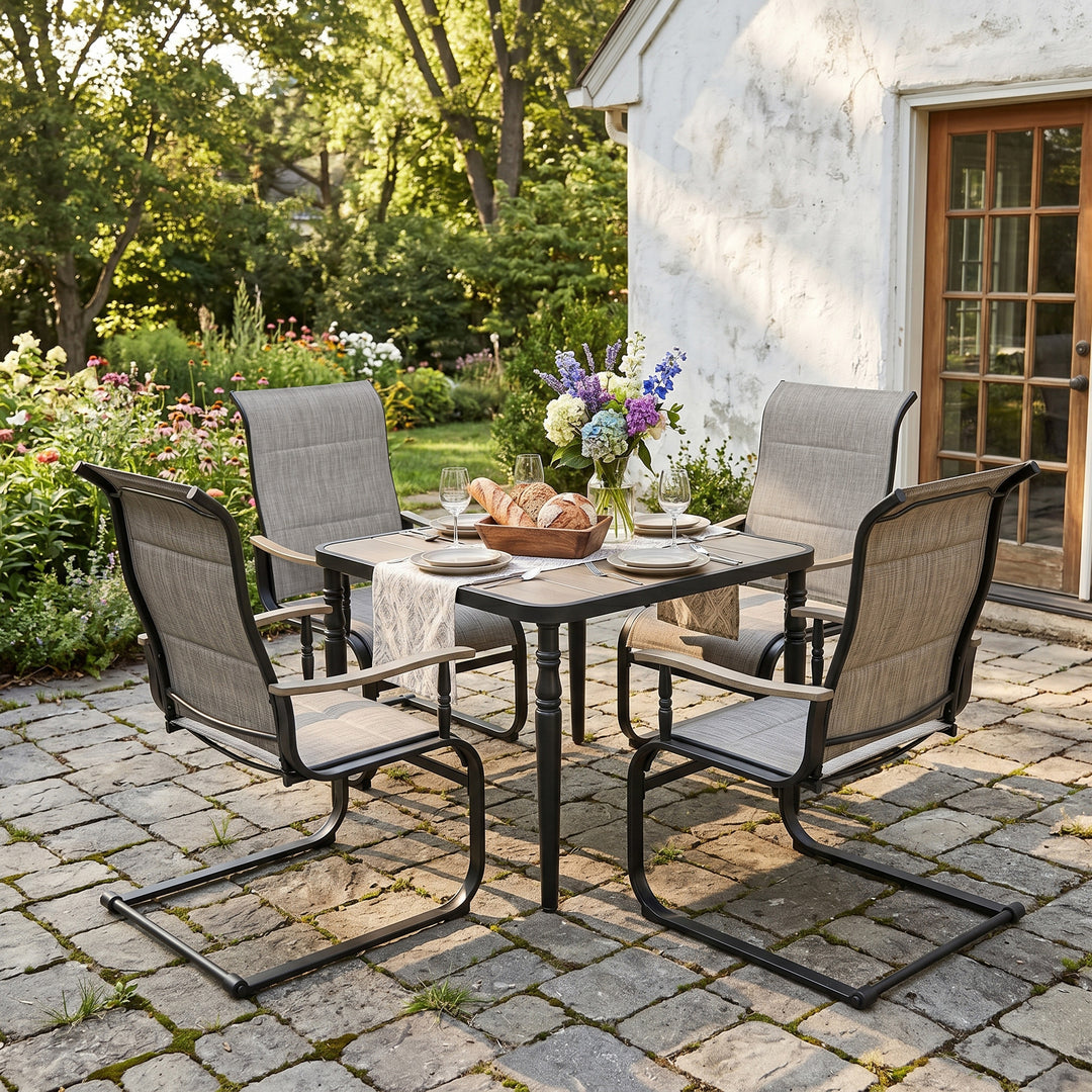 5-Piece Outdoor Dining Set with Padded Textilene C-Spring Motion Chairs