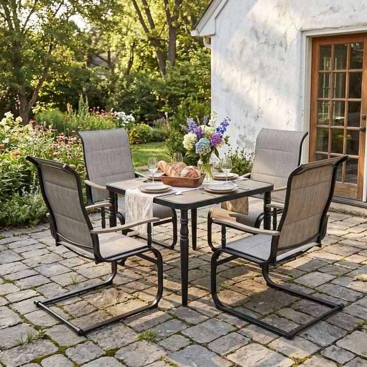 5-Piece Outdoor Dining Set with Padded Textilene C-Spring Motion Chairs