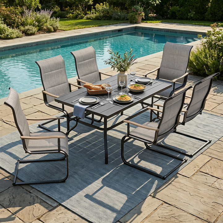 7-Piece Patio Dining Set, C-Spring Motion, Wood-Grain Armrests