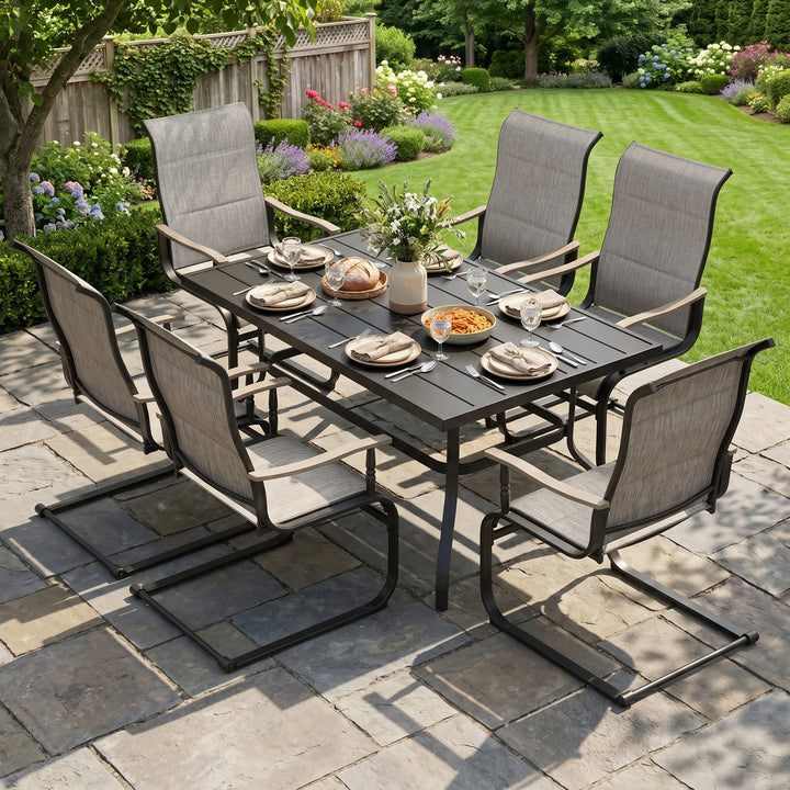 7-Piece Patio Dining Set, C-Spring Motion, Wood-Grain Armrests