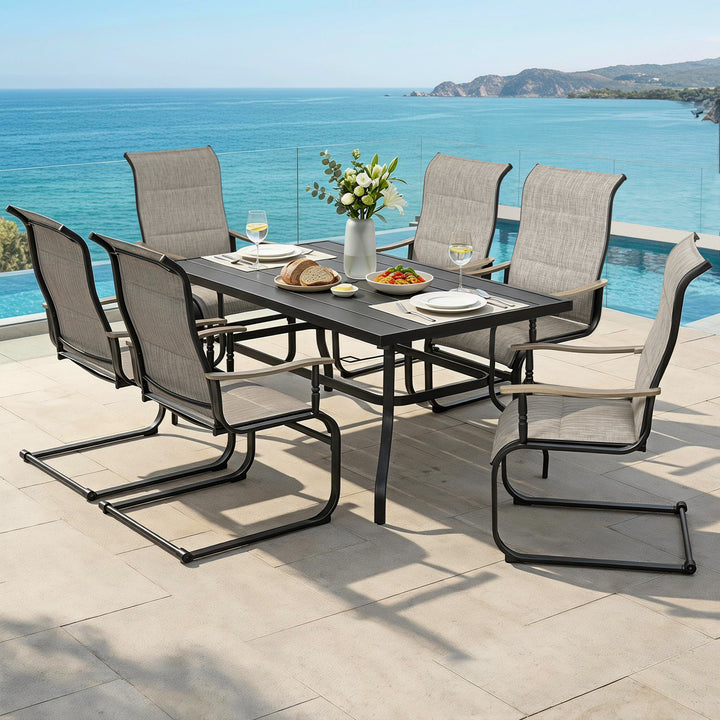 7-Piece Patio Dining Set, C-Spring Motion, Wood-Grain Armrests