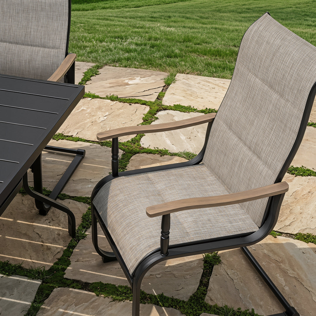 7-Piece Patio Dining Set, C-Spring Motion, Wood-Grain Armrests