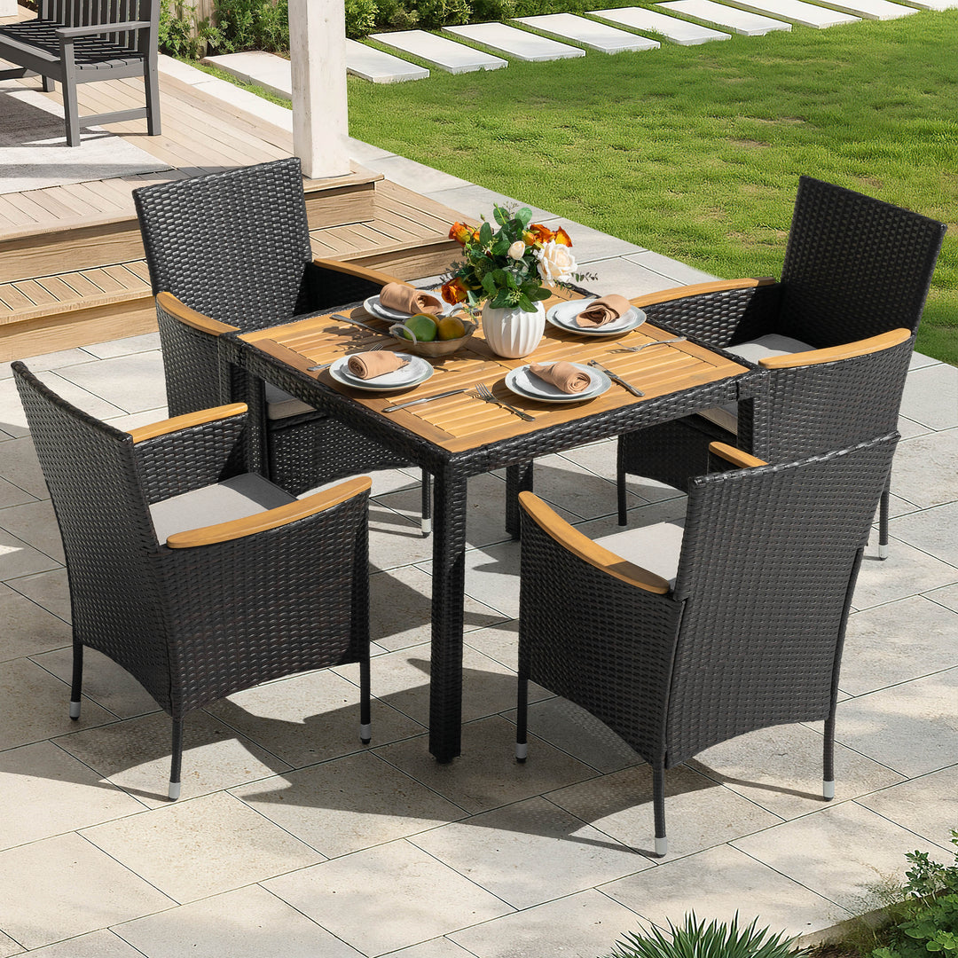 5-Piece Acacia Wood Wicker Patio Dining Set with Cushions