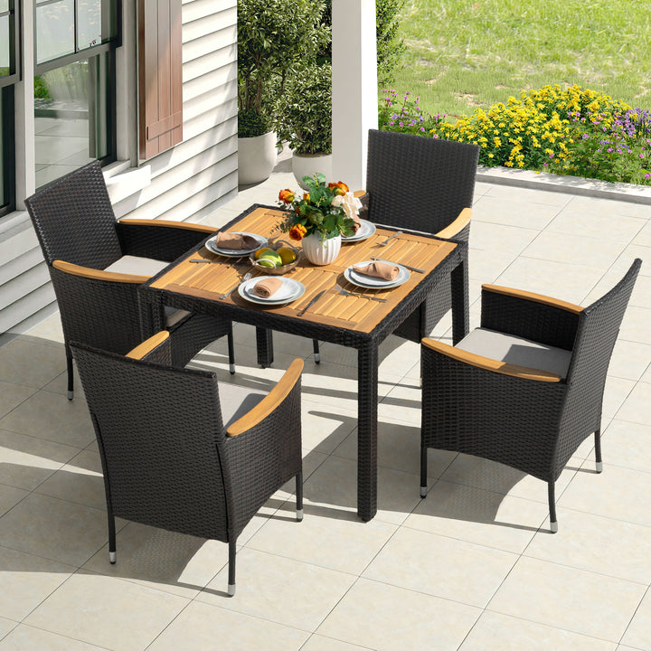 5-Piece Acacia Wood Wicker Patio Dining Set with Cushions