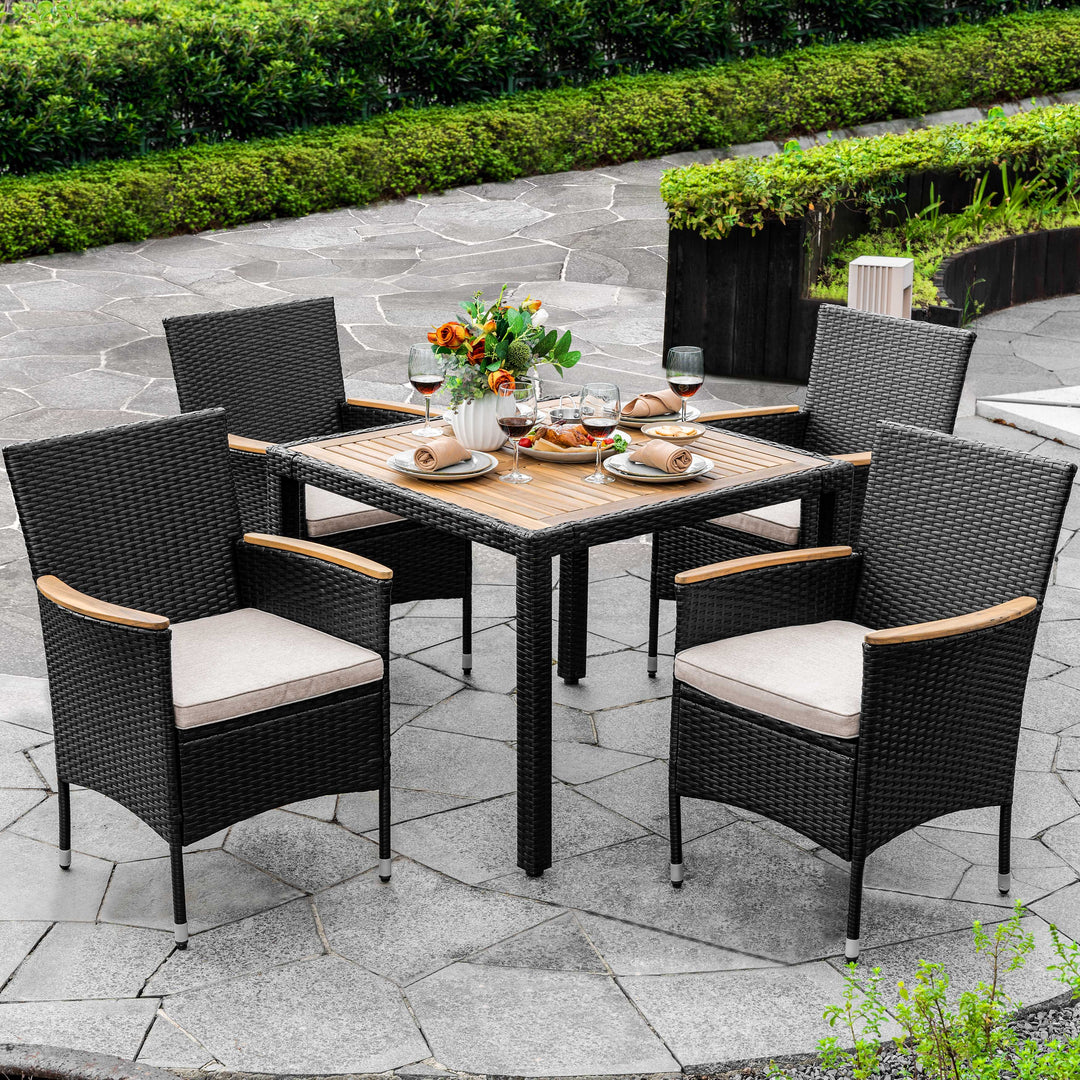 5-Piece Acacia Wood Wicker Patio Dining Set with Cushions