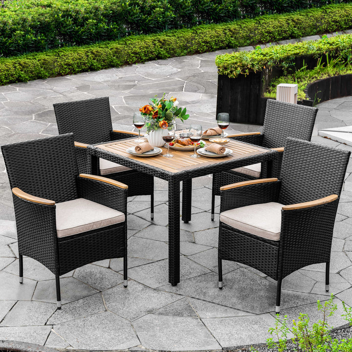 5-Piece Acacia Wood Wicker Patio Dining Set with Cushions