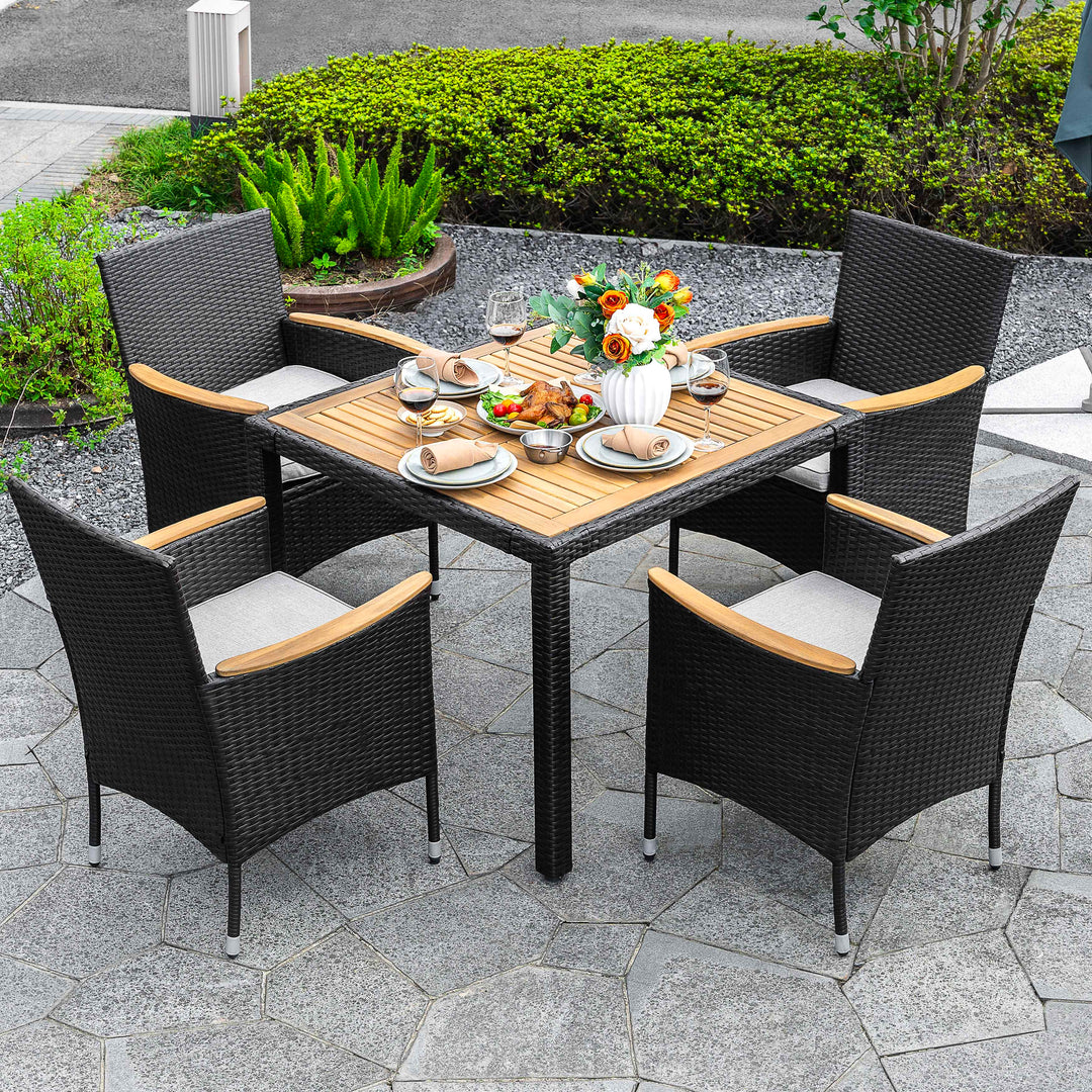 5-Piece Acacia Wood Wicker Patio Dining Set with Cushions