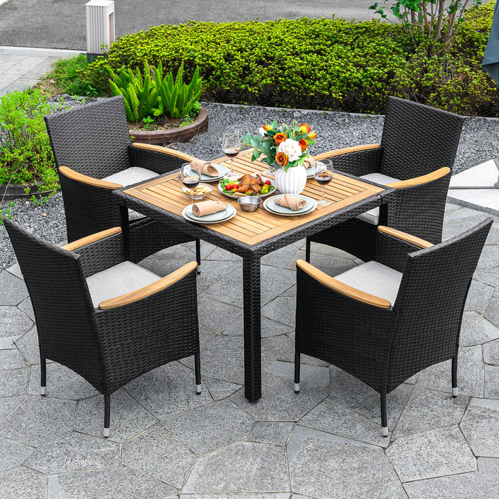 5-Piece Acacia Wood Wicker Patio Dining Set with Cushions