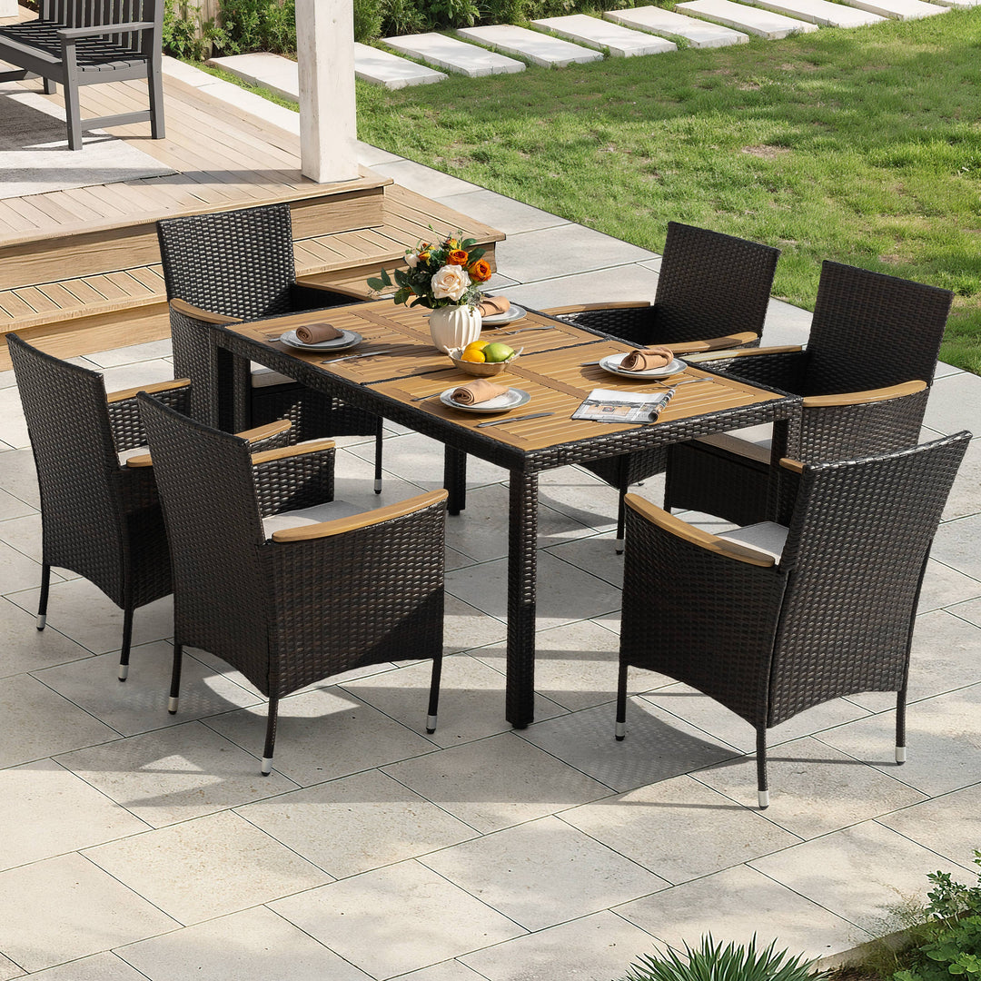 7-Piece Acacia Wood Wicker Patio Dining Set with Cushions