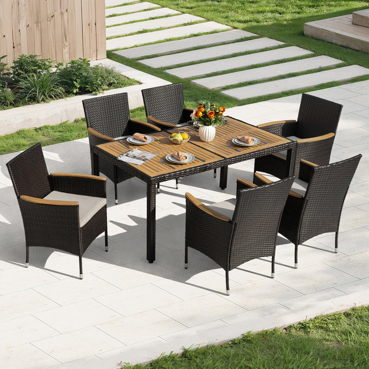 7-Piece Acacia Wood Wicker Patio Dining Set with Cushions