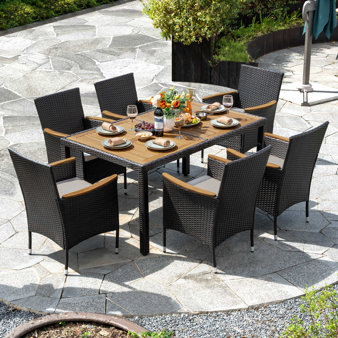 7-Piece Acacia Wood Wicker Patio Dining Set with Cushions
