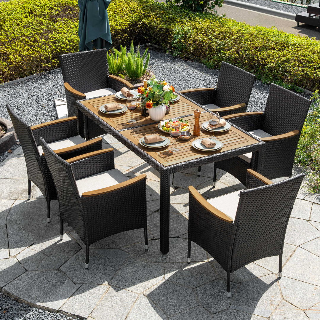 7-Piece Acacia Wood Wicker Patio Dining Set with Cushions
