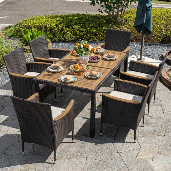 7-Piece Acacia Wood Wicker Patio Dining Set with Cushions