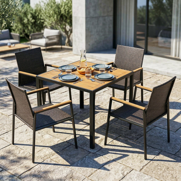 5PCS Acacia Wood Wicker Patio Dining Set with Umbrella Hole