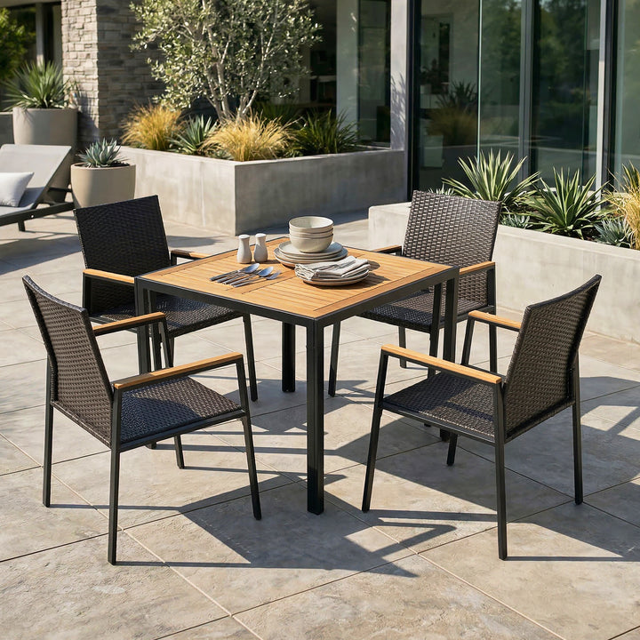 5PCS Acacia Wood Wicker Patio Dining Set with Umbrella Hole