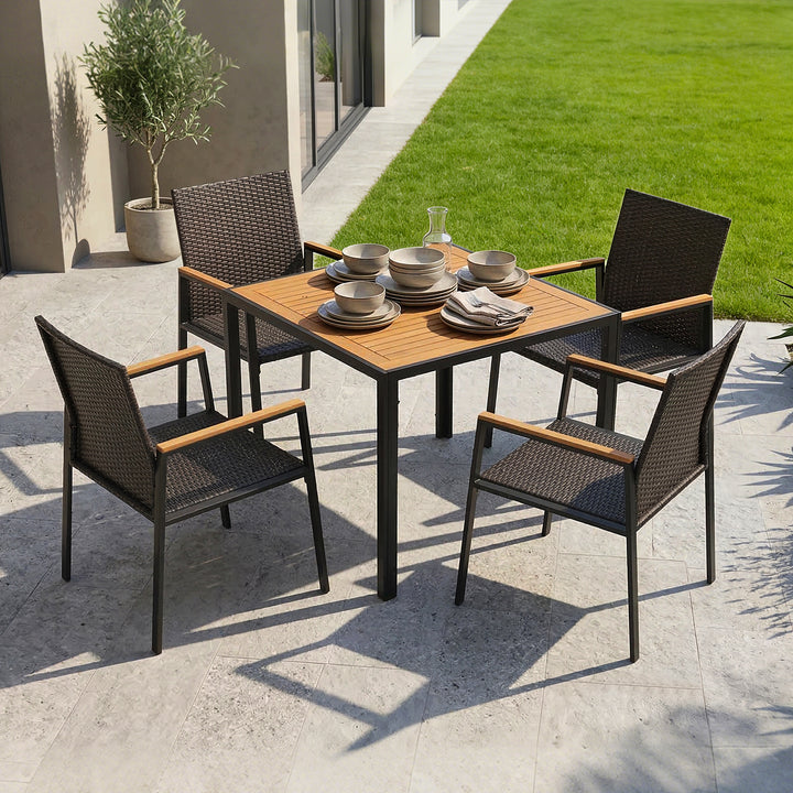 5PCS Acacia Wood Wicker Patio Dining Set with Umbrella Hole