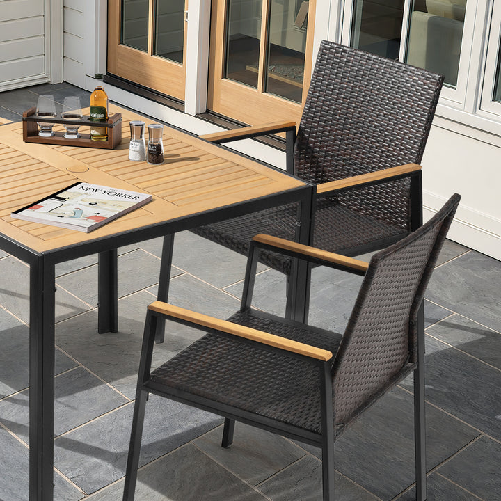 5PCS Acacia Wood Wicker Patio Dining Set with Umbrella Hole