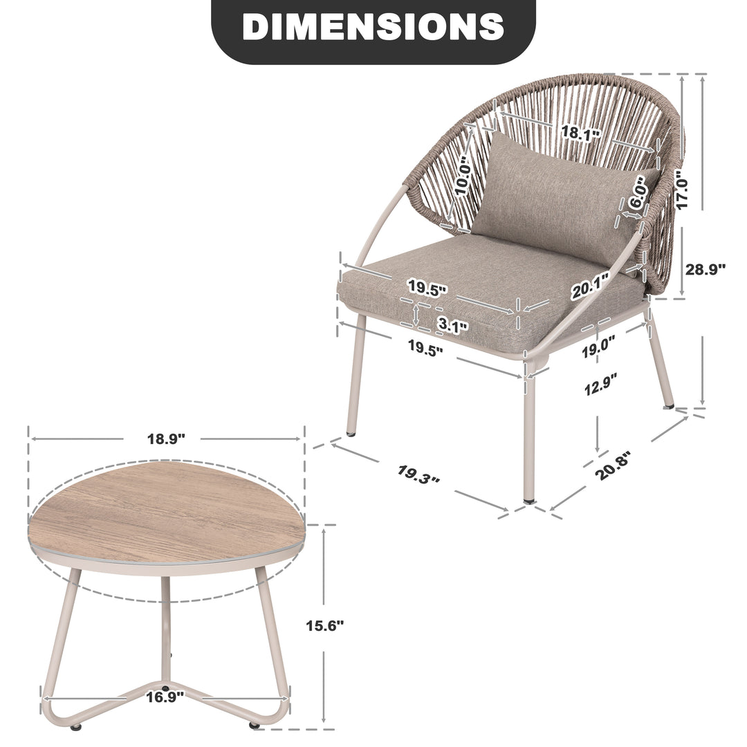 3PCS PE Wicker Patio Bistro Set with Zippered Cushions, Wood-Grain Tabletop