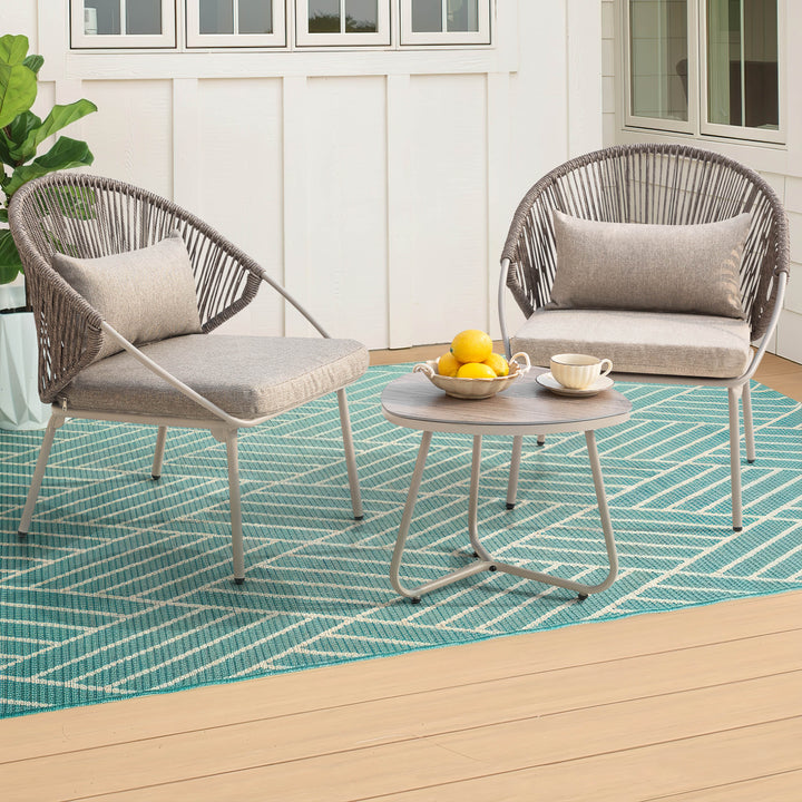 3PCS PE Wicker Patio Bistro Set with Zippered Cushions, Wood-Grain Tabletop