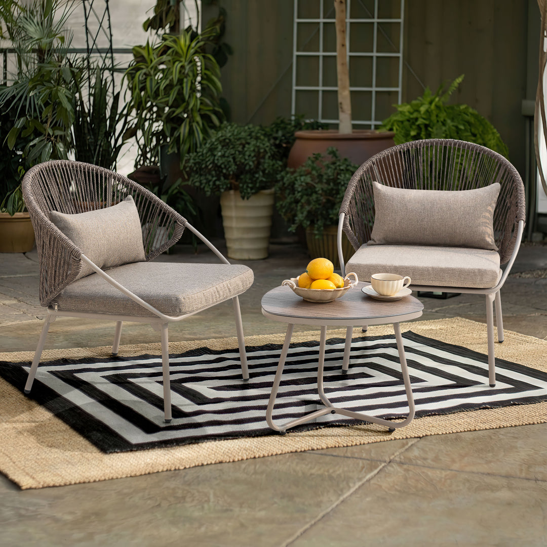 3PCS PE Wicker Patio Bistro Set with Zippered Cushions, Wood-Grain Tabletop