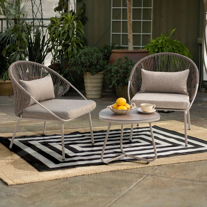 3PCS PE Wicker Patio Bistro Set with Zippered Cushions, Wood-Grain Tabletop