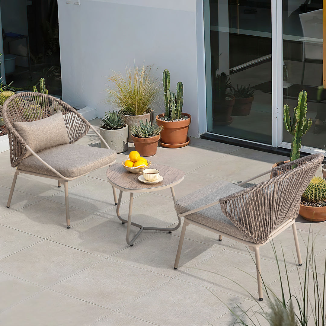 3PCS PE Wicker Patio Bistro Set with Zippered Cushions, Wood-Grain Tabletop