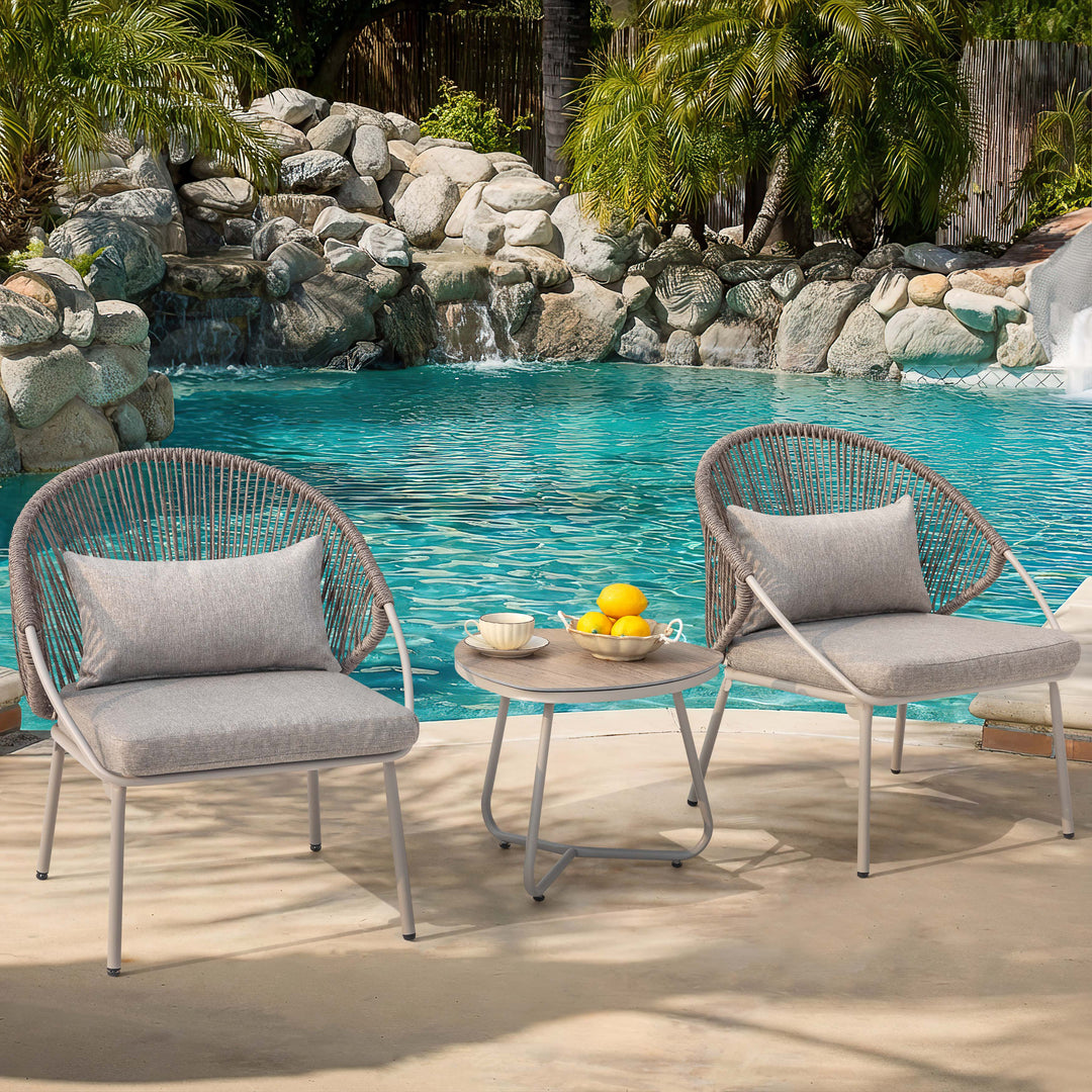 3PCS PE Wicker Patio Bistro Set with Zippered Cushions, Wood-Grain Tabletop