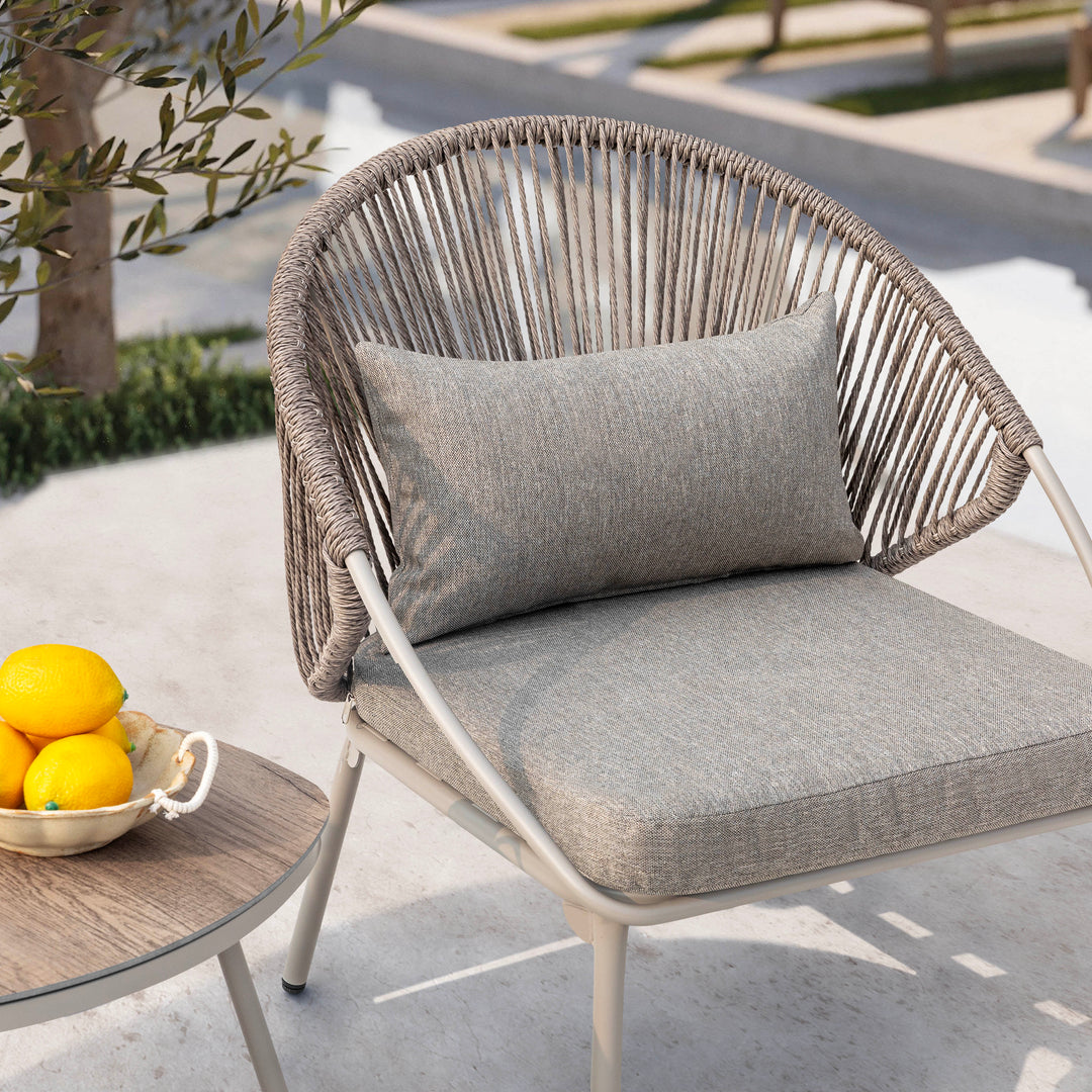 3PCS PE Wicker Patio Bistro Set with Zippered Cushions, Wood-Grain Tabletop