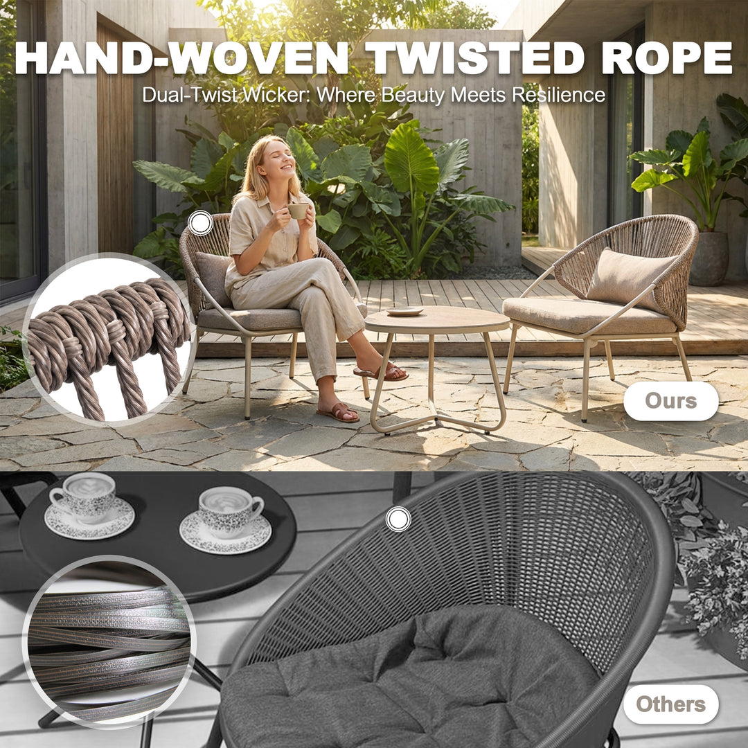 3PCS PE Wicker Patio Bistro Set with Zippered Cushions, Wood-Grain Tabletop