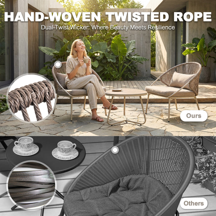 3PCS PE Wicker Patio Bistro Set with Zippered Cushions, Wood-Grain Tabletop