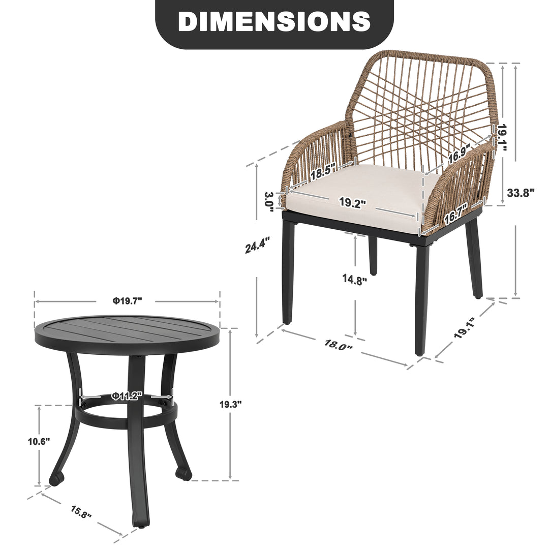 3-Piece Rattan Outdoor Bistro Set with Cushions and Coffee Table