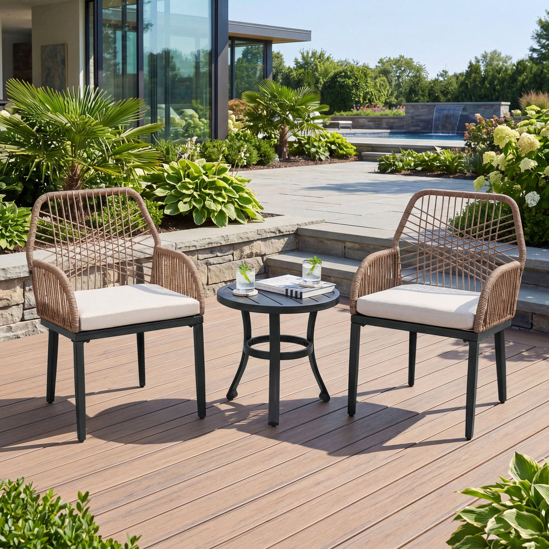 3-Piece Rattan Outdoor Bistro Set with Cushions and Coffee Table