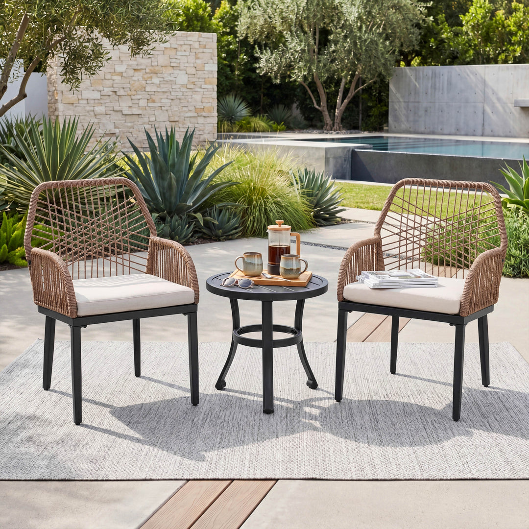 3-Piece Rattan Outdoor Bistro Set with Cushions and Coffee Table