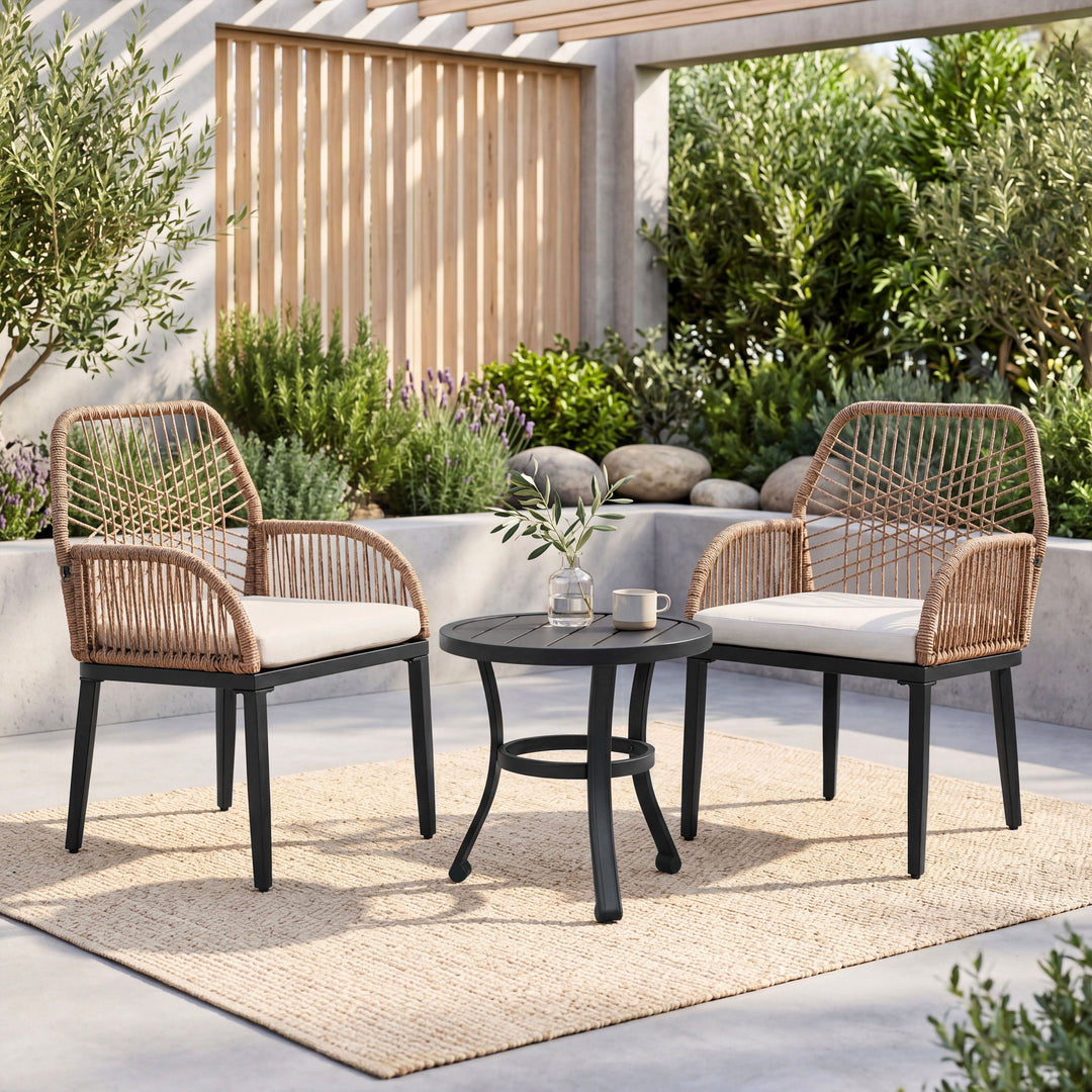 3-Piece Rattan Outdoor Bistro Set with Cushions and Coffee Table
