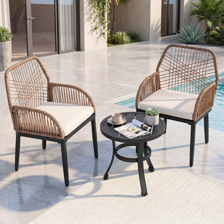3-Piece Rattan Outdoor Bistro Set with Cushions and Coffee Table