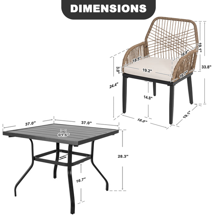 5PCS Rattan Metal Patio Dining Set with Umbrella Hole, Zippered Cushions