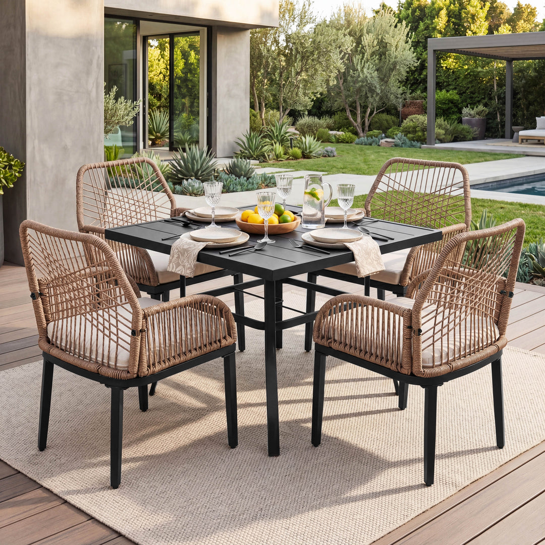 5PCS Rattan Metal Patio Dining Set with Umbrella Hole, Zippered Cushions