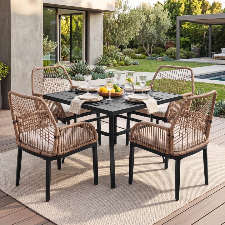 5PCS Rattan Metal Patio Dining Set with Umbrella Hole, Zippered Cushions