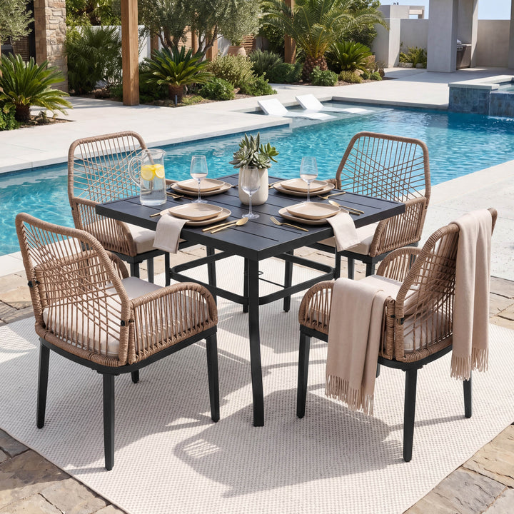 5PCS Rattan Metal Patio Dining Set with Umbrella Hole, Zippered Cushions