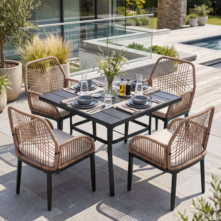 5PCS Rattan Metal Patio Dining Set with Umbrella Hole, Zippered Cushions