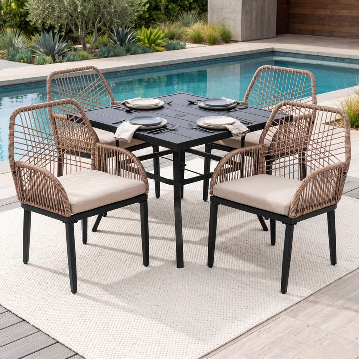 5PCS Rattan Metal Patio Dining Set with Umbrella Hole, Zippered Cushions