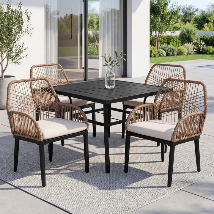 5PCS Rattan Metal Patio Dining Set with Umbrella Hole, Zippered Cushions