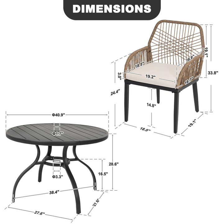 5PCS Rattan Metal Patio Dining Set with Umbrella Hole, Zippered Cushions