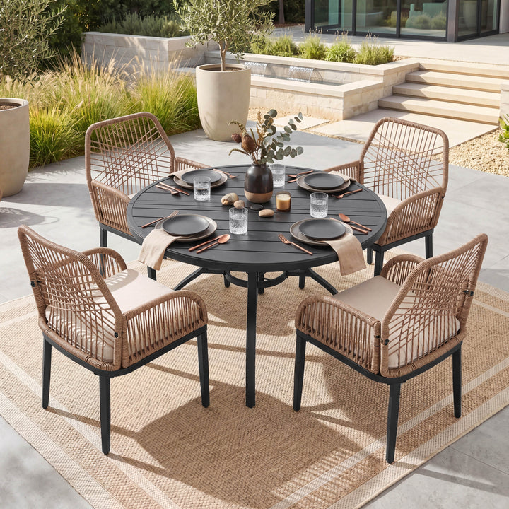 5PCS Rattan Metal Patio Dining Set with Umbrella Hole, Zippered Cushions