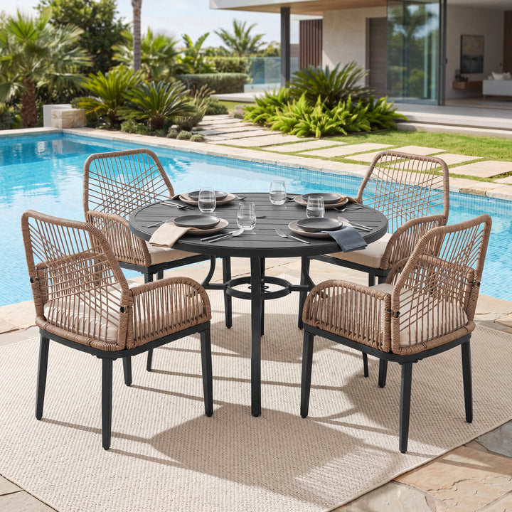 5PCS Rattan Metal Patio Dining Set with Umbrella Hole, Zippered Cushions
