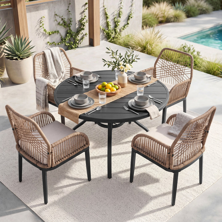 5PCS Rattan Metal Patio Dining Set with Umbrella Hole, Zippered Cushions