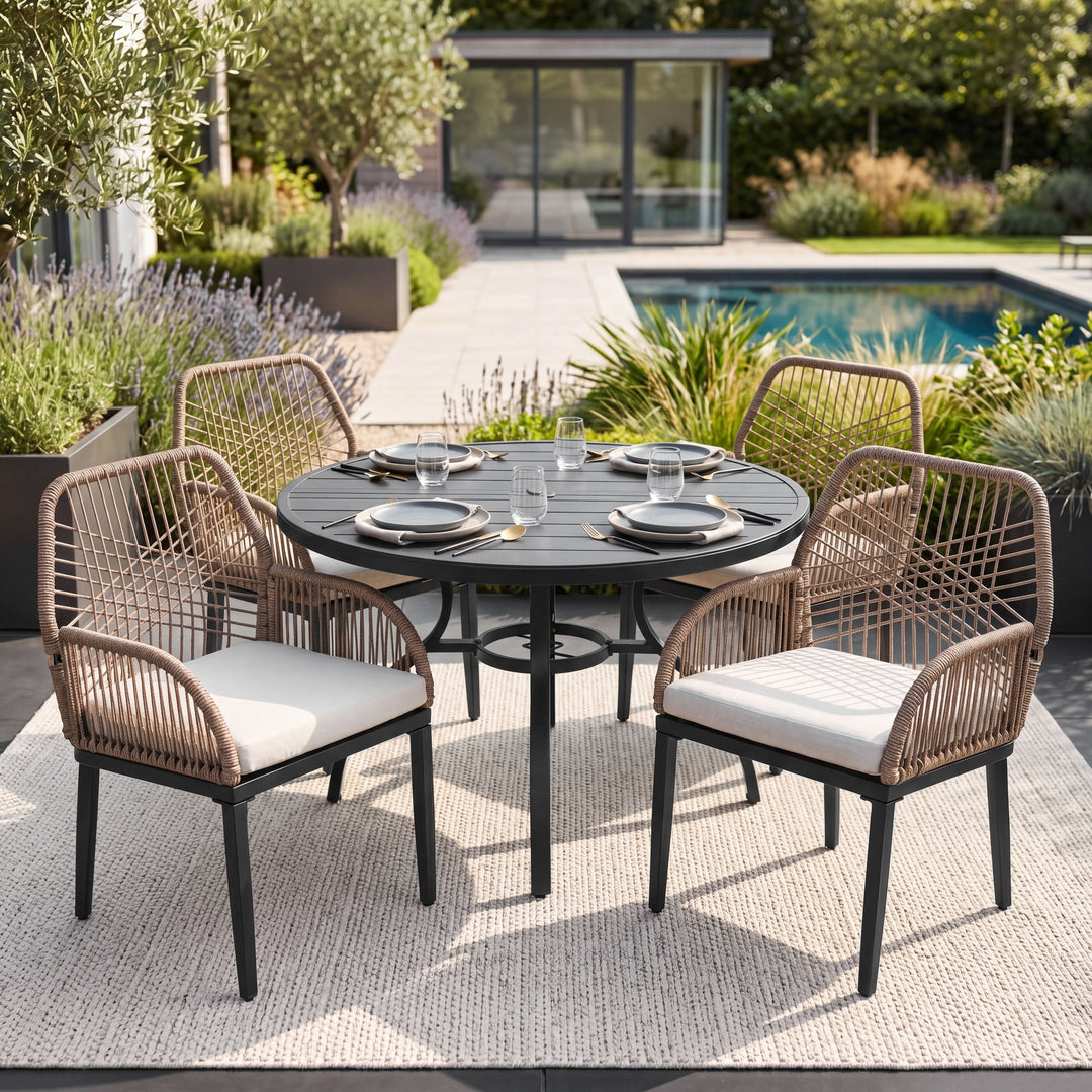 5PCS Rattan Metal Patio Dining Set with Umbrella Hole, Zippered Cushions